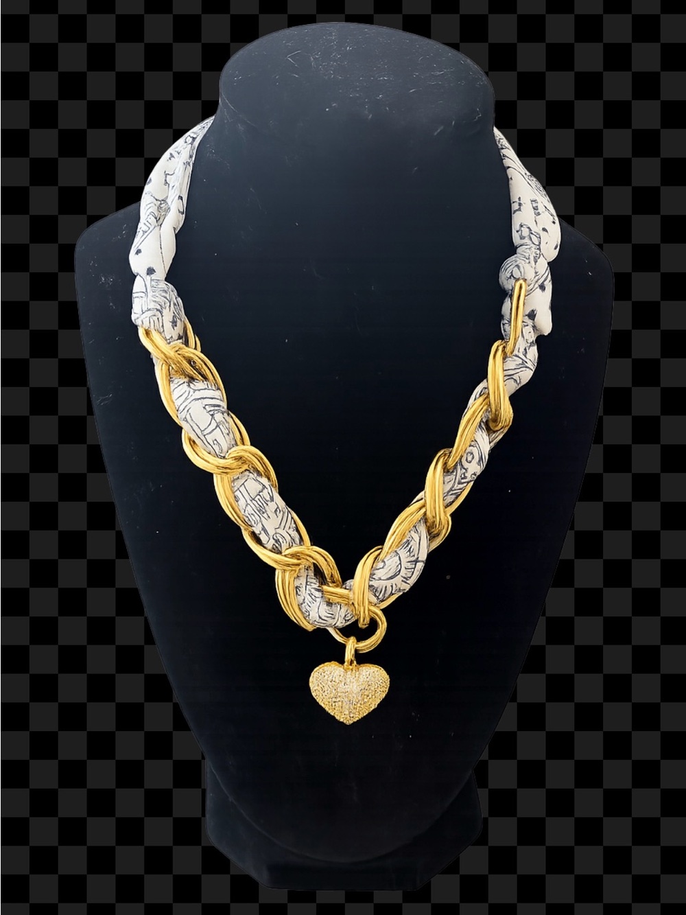 Hand Crafted Gold Braided Necklace with White Patterned Fabric and Heart Pendant